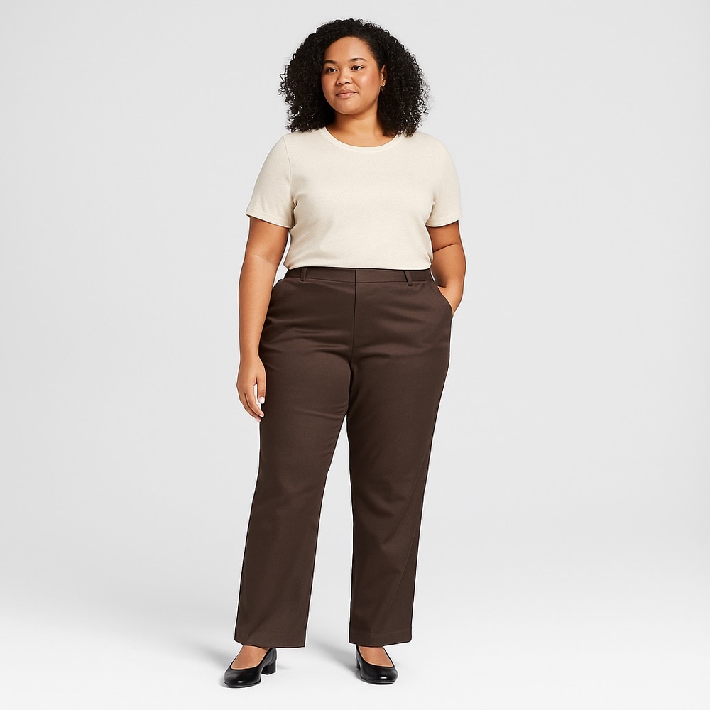 Merona 16W Dark Chocolate‎ Brown Straight-Leg Pants | Plus Size Cotton Trousers